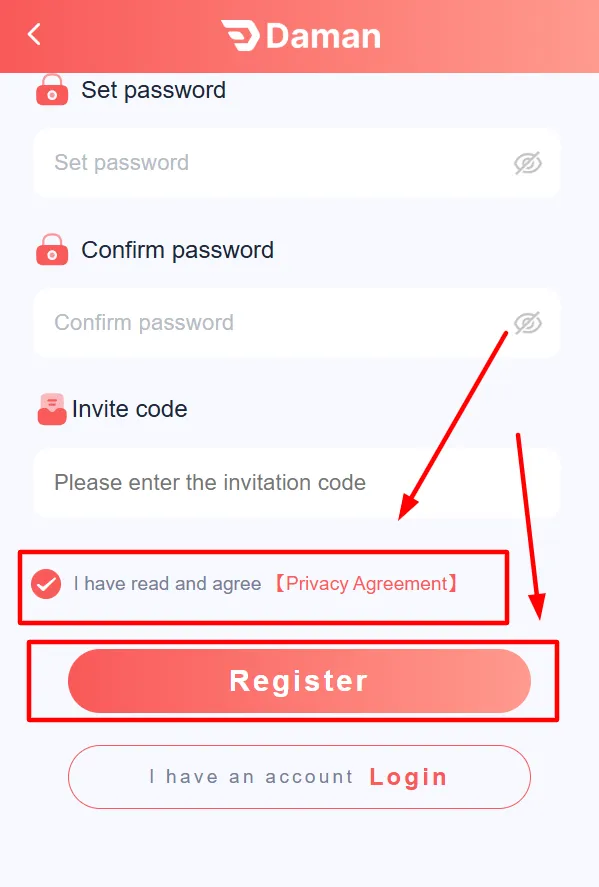 Registration screen with fields for verification and a “Register” button after accepting the privacy policy